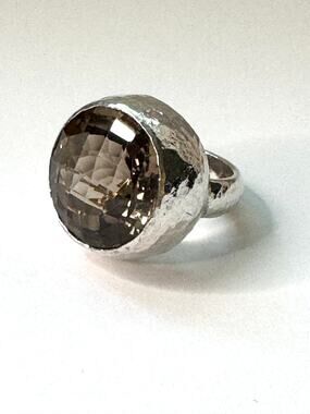 Smokey Quartz Round Faceted Hand Hammered Sterling 925 Silver Ring US Size 8